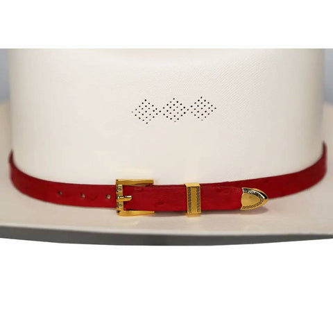 Ostrich Cowboy Hat Band Red Gold Plated 3 Piece Buckle Set Handmade 26”