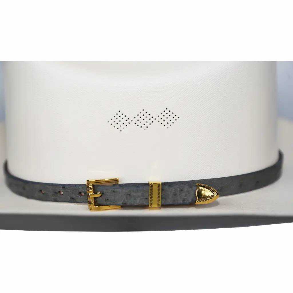 Handmade ostrich cowboy hat band with gray gold plated 3-piece buckle set on authentic leather