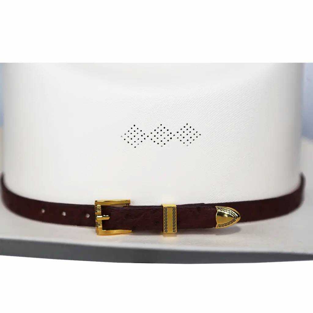 Banda para sombrero de vaquero de avestruz, chapada en oro marrón, juego de 3 hebillas, hecha a mano, 26"