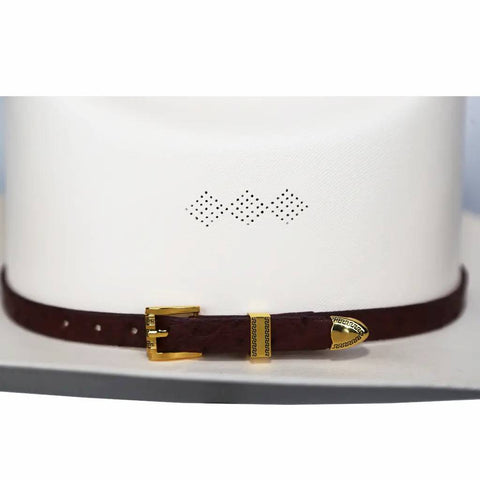 Ostrich Cowboy Hat Band Brown Gold Plated 3 Piece Buckle Set  Handmade 26”