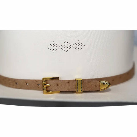 Ostrich Cowboy Hat Band Tan Gold Plated 3 Piece Buckle Set Handmade 26”
