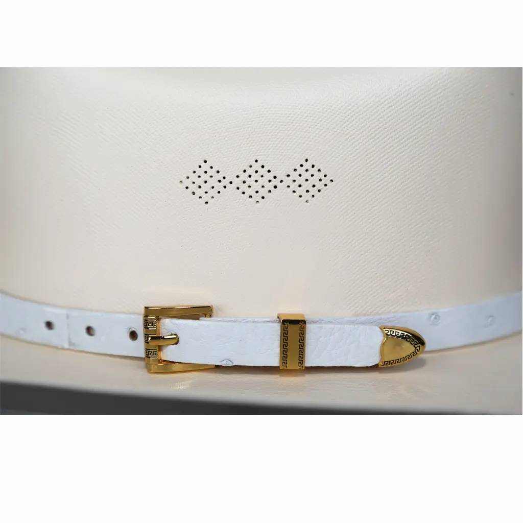 Handmade white gold plated ostrich cowboy hat band with 3-piece buckle set and authentic leather lining