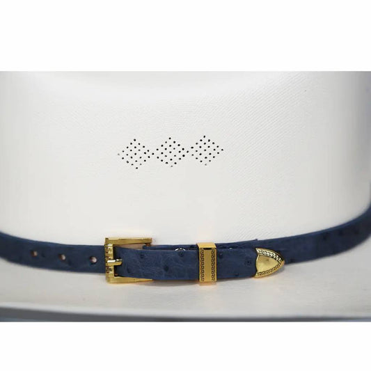 Ostrich Cowboy Hat Band Blue Gold Plated 3 Piece Buckle Set  Handmade 26”