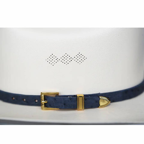 Ostrich Cowboy Hat Band Blue Gold Plated 3 Piece Buckle Set  Handmade 26”