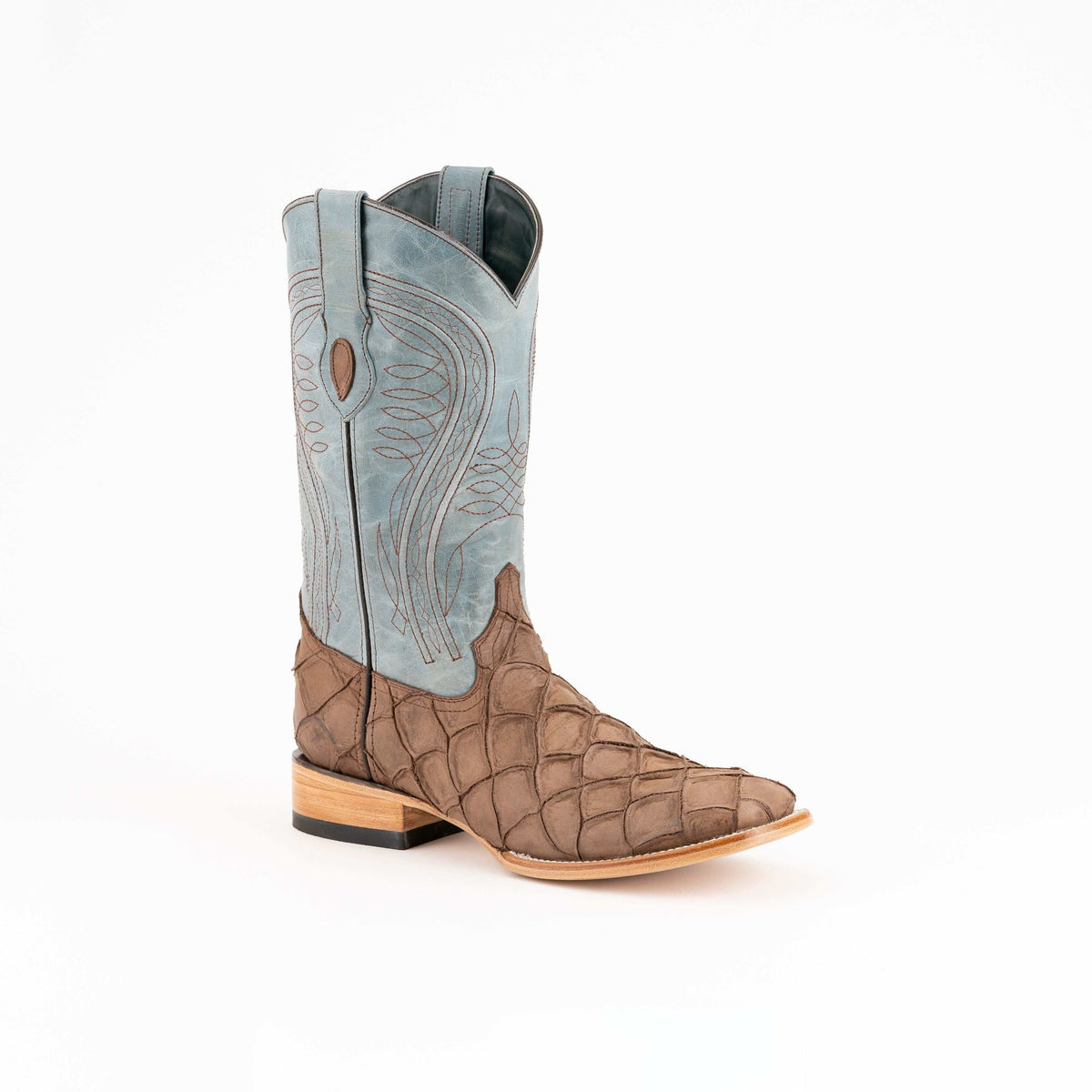 Men's Ferrini Bronco Pirarucu print brown handcrafted boots with square toe and leather outsole