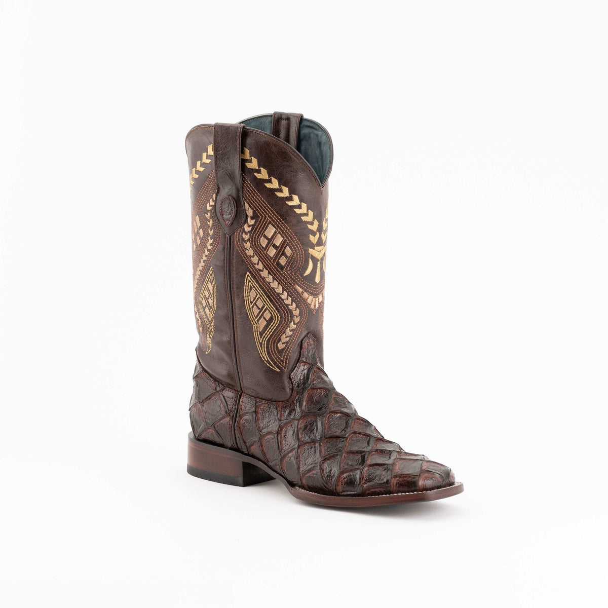 Men's Ferrini Bronco Pirarucu print chocolate boots with square toe and 1.5" block heel