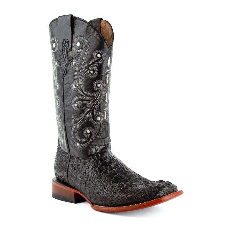 Men's Ferrini Stampede black handcrafted boots with caiman crocodile print and square toe