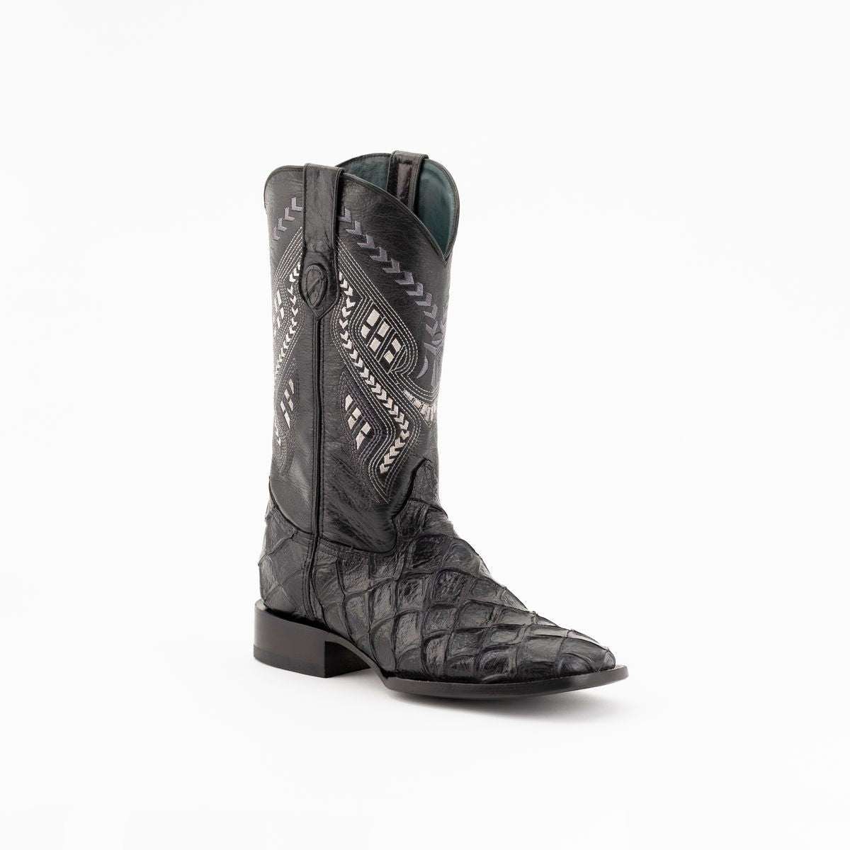 Men's Ferrini Bronco Pirarucu print black leather handcrafted boots with square toe and 1.5-inch block heel