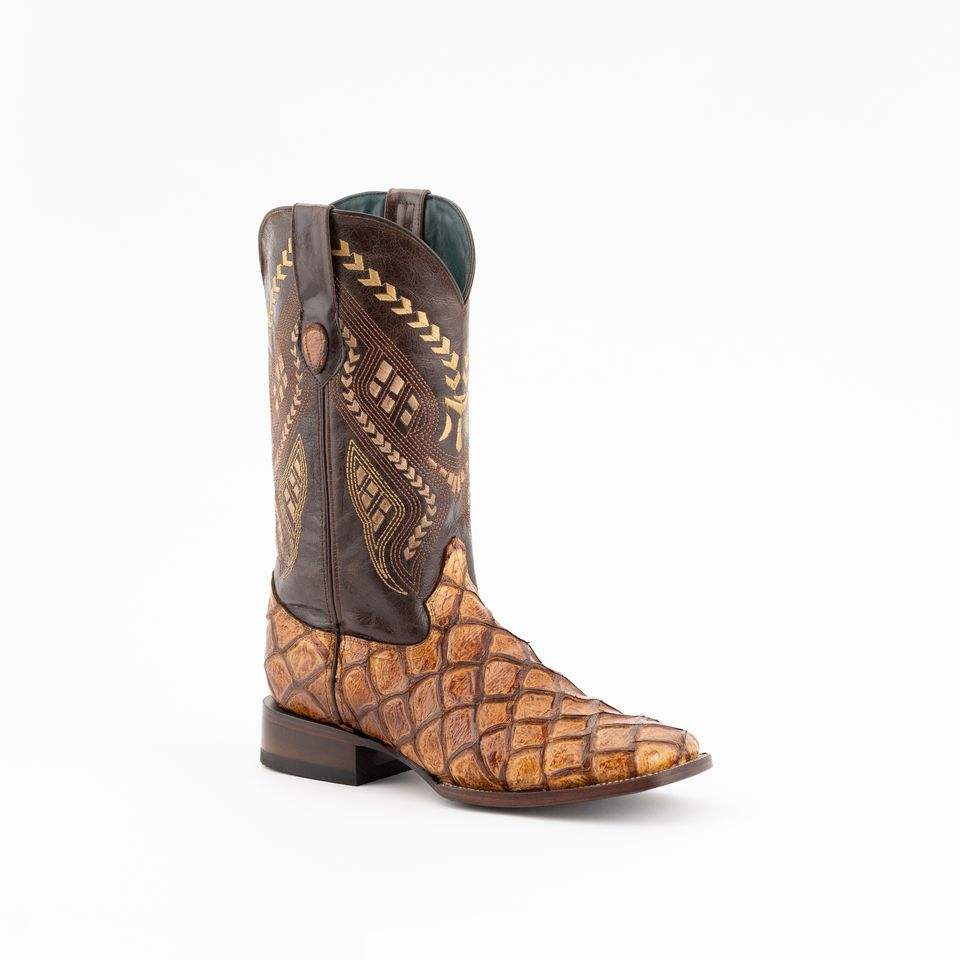 Men's Ferrini Bronco Pirarucu Print Boots in cigar color with square toe and 1.5-inch block heel