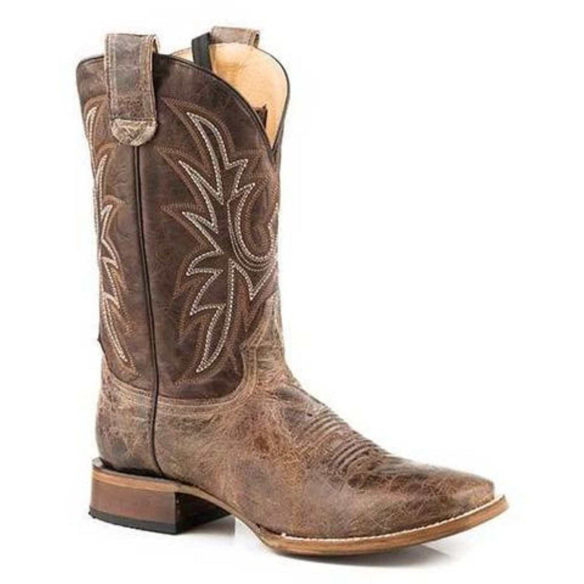 Roper Pierce Concealed Carry Boots in distressed brown leather with decorative cream stitching, pull tabs and square toes