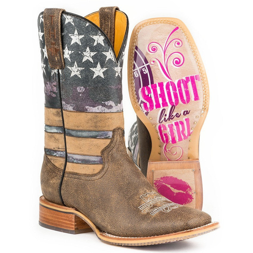 Women’s Tin Haul American Woman Boots W Shoot Like A Girl Sole Handmade Brown - yeehawcowboy
