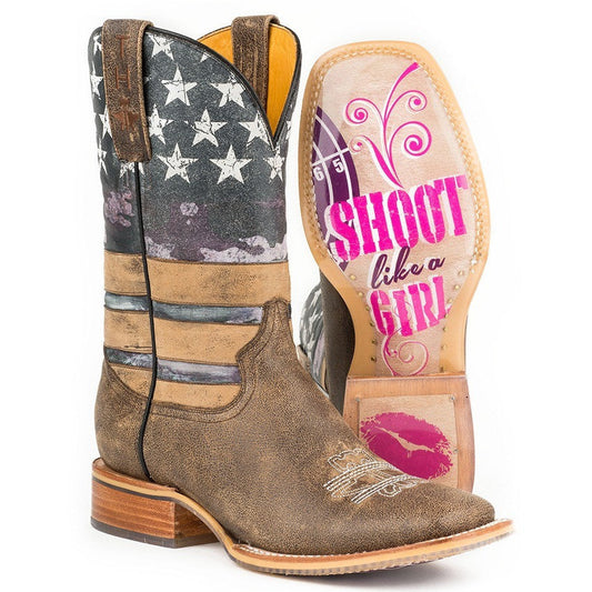 Women’s Tin Haul American Woman Boots W Shoot Like A Girl Sole Handmade Brown - yeehawcowboy