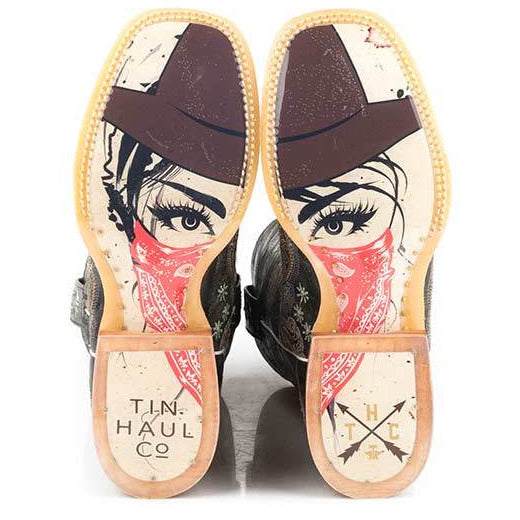 Tin Haul Bandana Bandit Boots with colorful illustrated cowgirl faces, red bandanas, and graphic tan leather soles