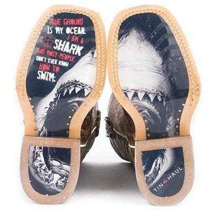 Tin Haul Toastin A Gnarly Shark Boots with tan leather soles featuring bold black, white and red shark artwork