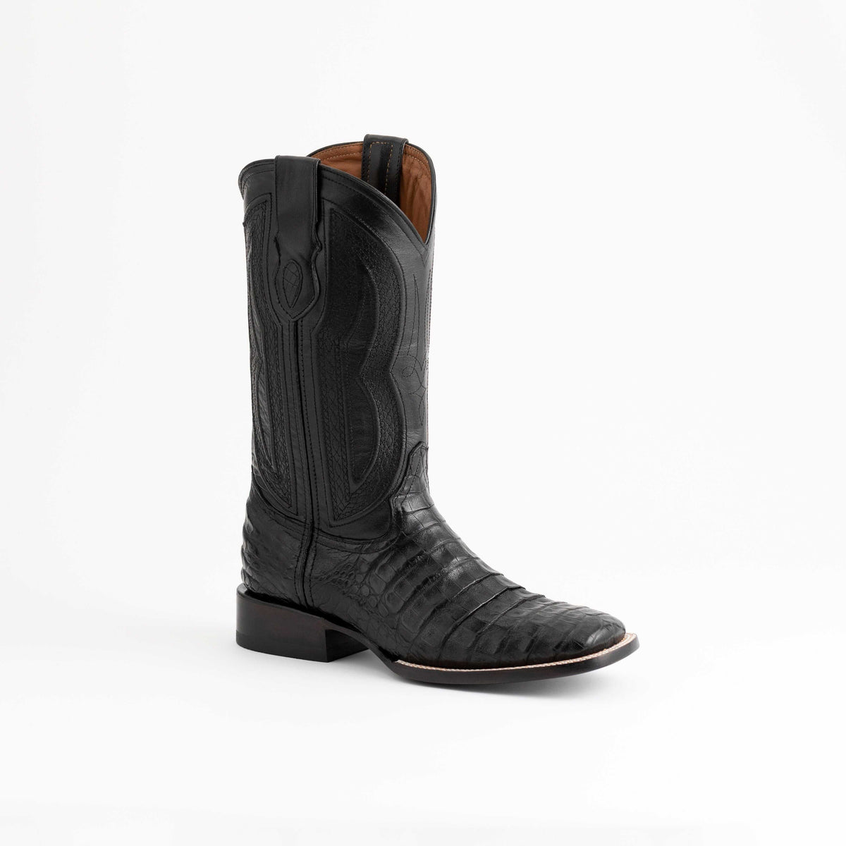 Men's Ferrini Dakota handcrafted black caiman belly boots with square toe and cowboy heel