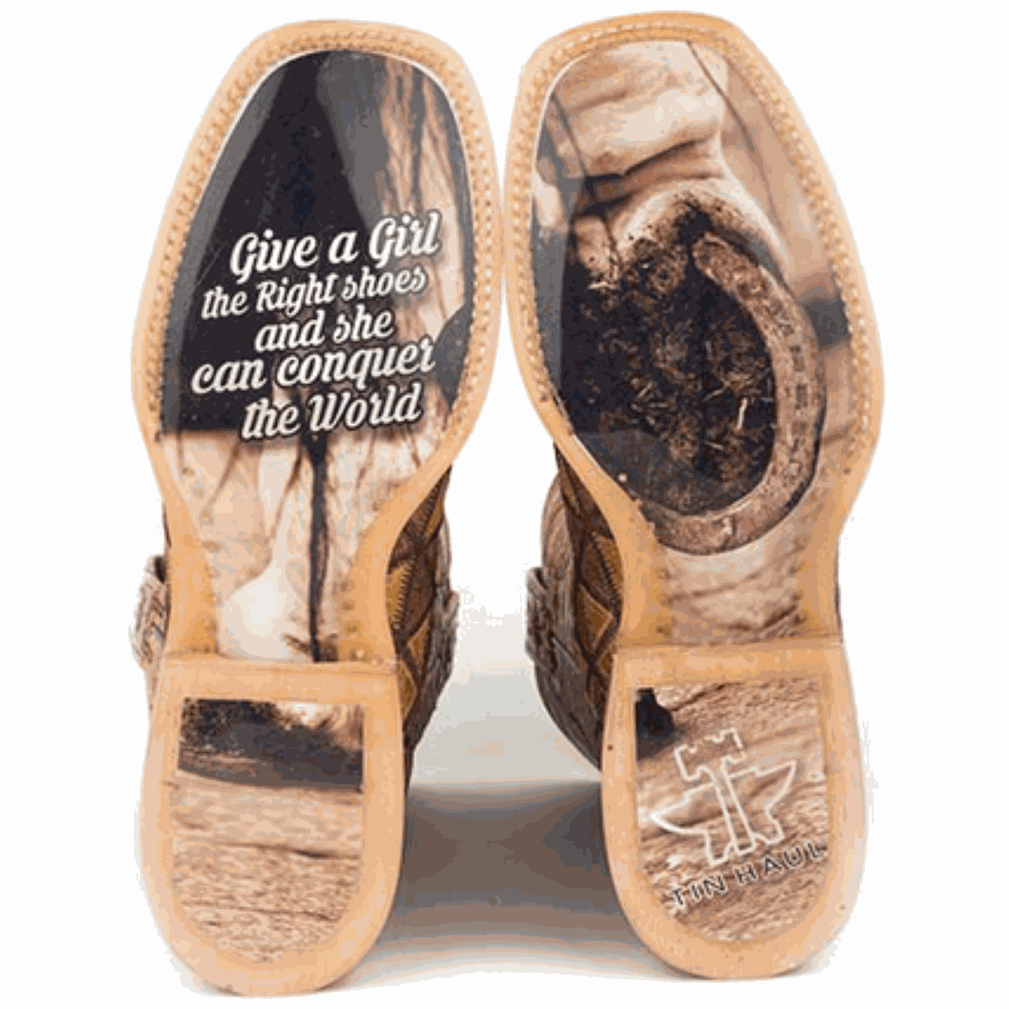 Women's Tin Haul Don't Be Scared handmade tan leather boots with Conquer The World sole and square toe