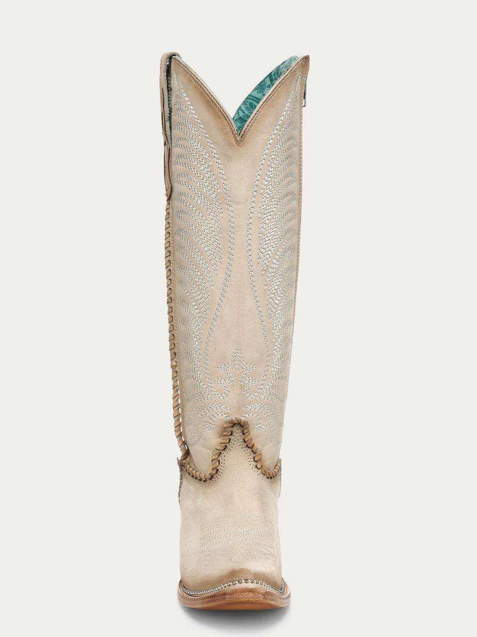 Women's Corral Bone Genuine Leather Boots in pale bone leather with stitched embroidery, turquoise accents, and metallic welt