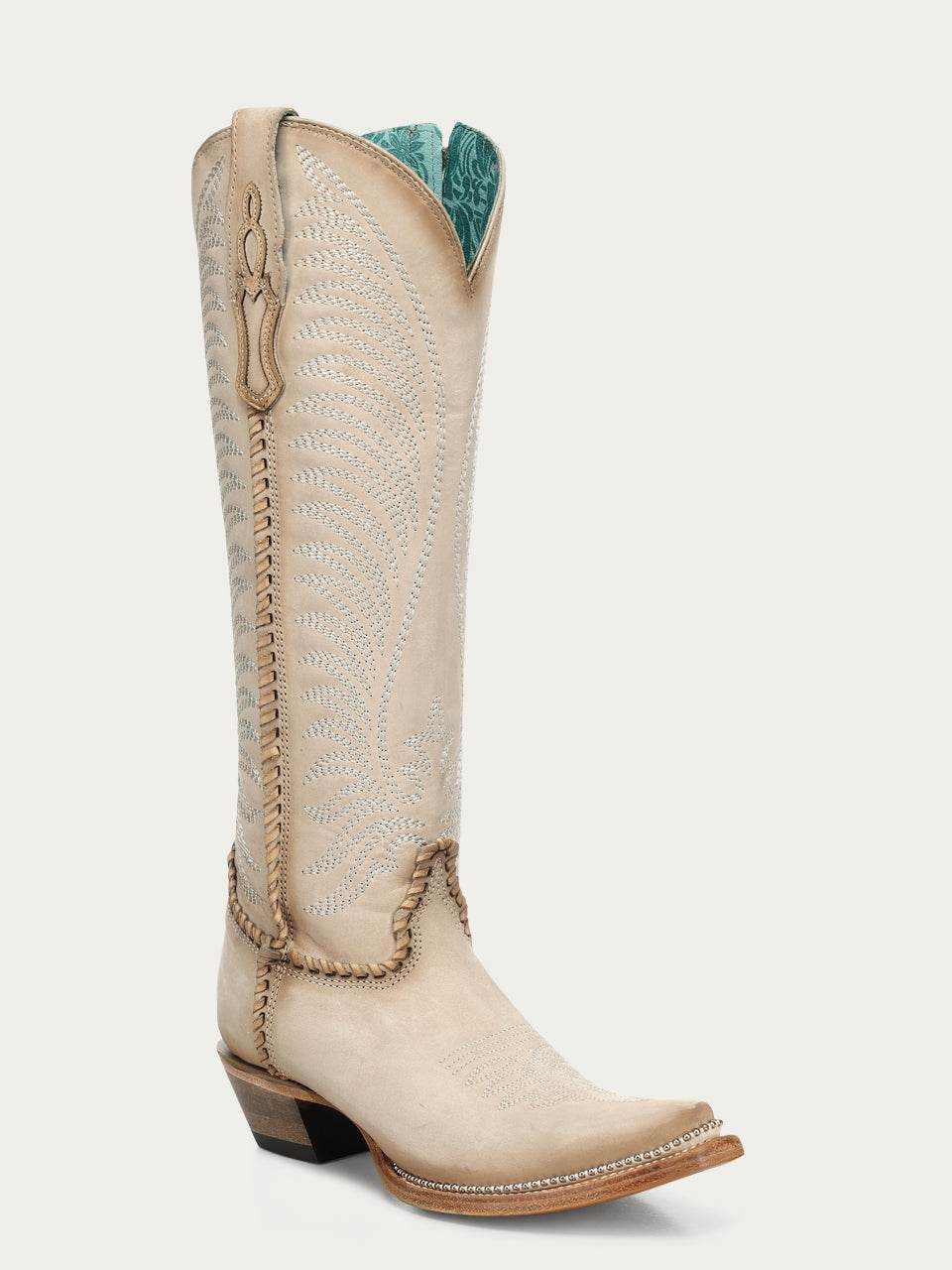 Women's Corral Bone Genuine Leather Boots in pale bone leather with pale embroidered patterns, braided trim, and a turquoise pull tab