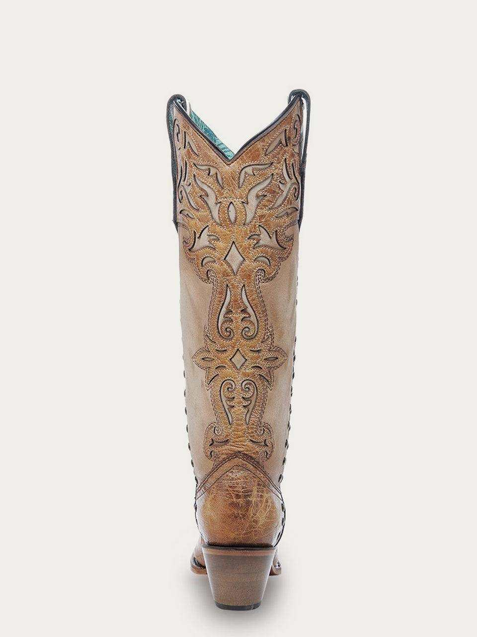 Women's Corral Honey Genuine Leather Boots with Bone Overlay, tan leather cowboy boot with ornate stitched scrollwork