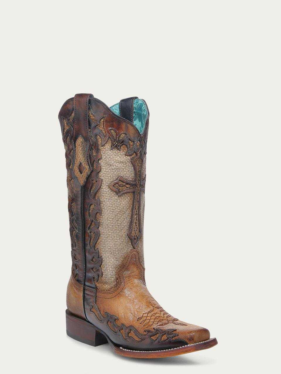Women's Corral Sand Boots Cross Overlay in brown leather and textured jute, with ornate stitched patterns and a square toe
