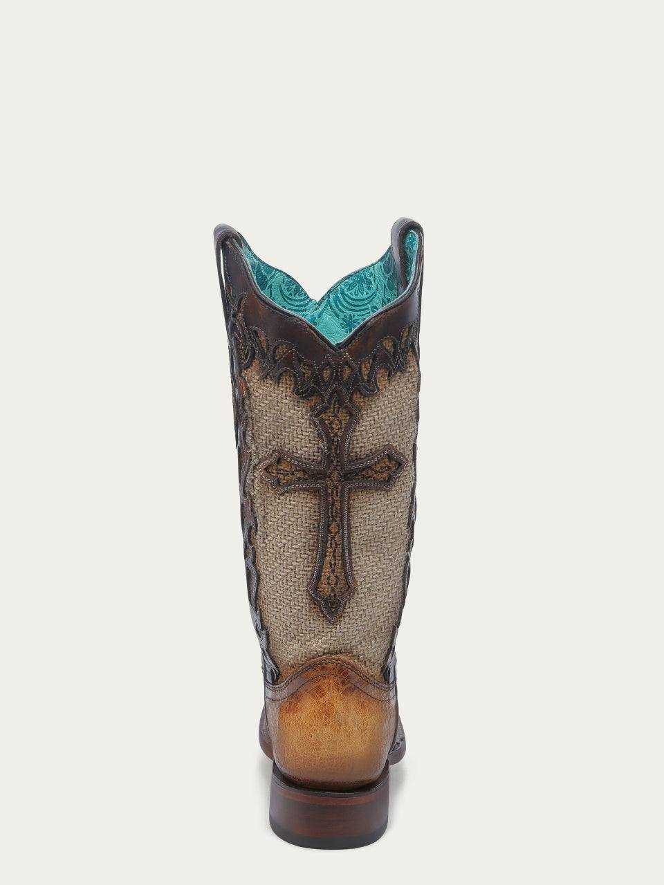 Women's Corral Sand Boots Cross Overlay, tan woven jute shaft with dark leather cross overlay and turquoise lining