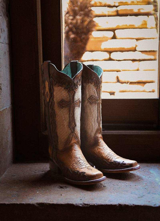 Women's Corral Sand Boots Cross Overlay in tan leather with ornate stitched shafts, pointed toes and pull tabs