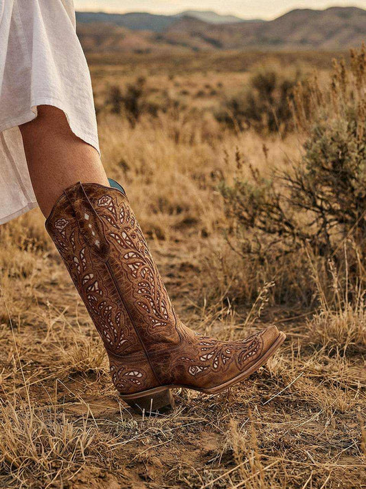 Women's Corral Sand Genuine Leather Boots in brown leather with intricate light-colored embroidery and decorative inlays