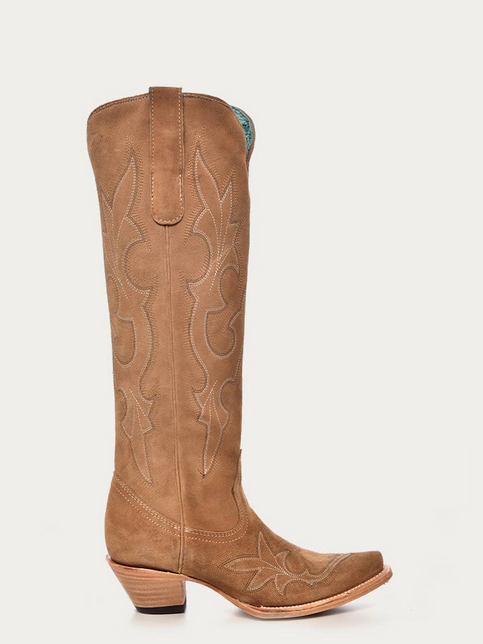 Women's Corral Sand Genuine Suede tall western boot in tan suede with tonal shaft embroidery and a snip toe