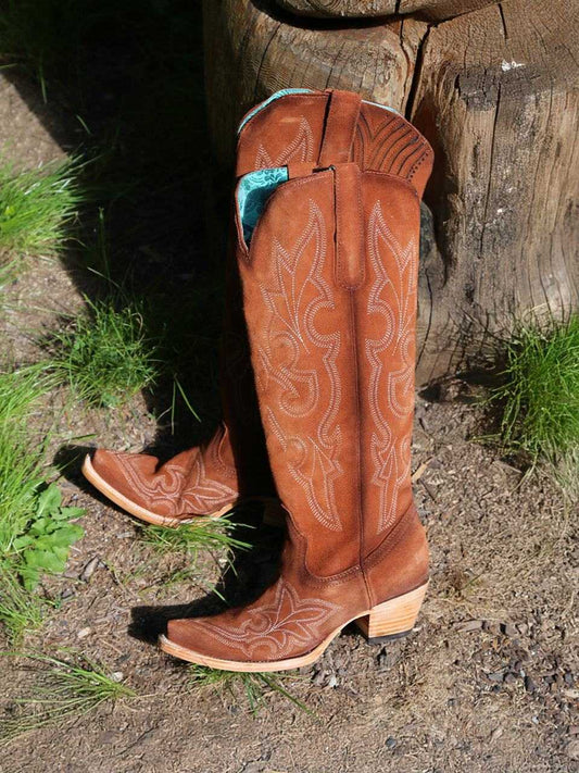 Women's Corral Shedron Genuine Suede Leather Boots with Embroidery Tall in warm shedron suede, with tall embroidered shafts and snip toes