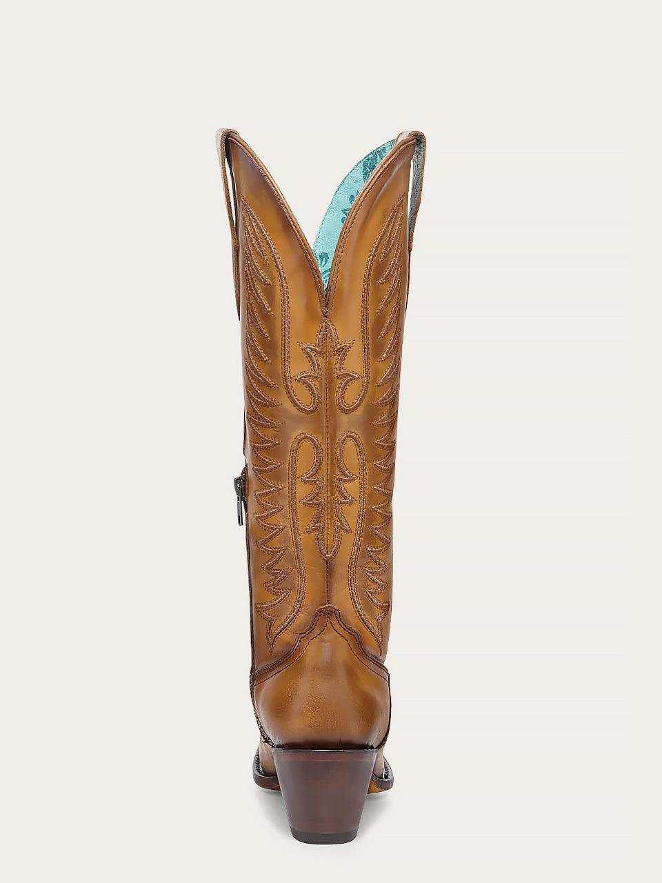 Women's Corral Tan Genuine Leather Boots with Embroidery, tall tan leather shaft with decorative stitched motifs and a stacked heel
