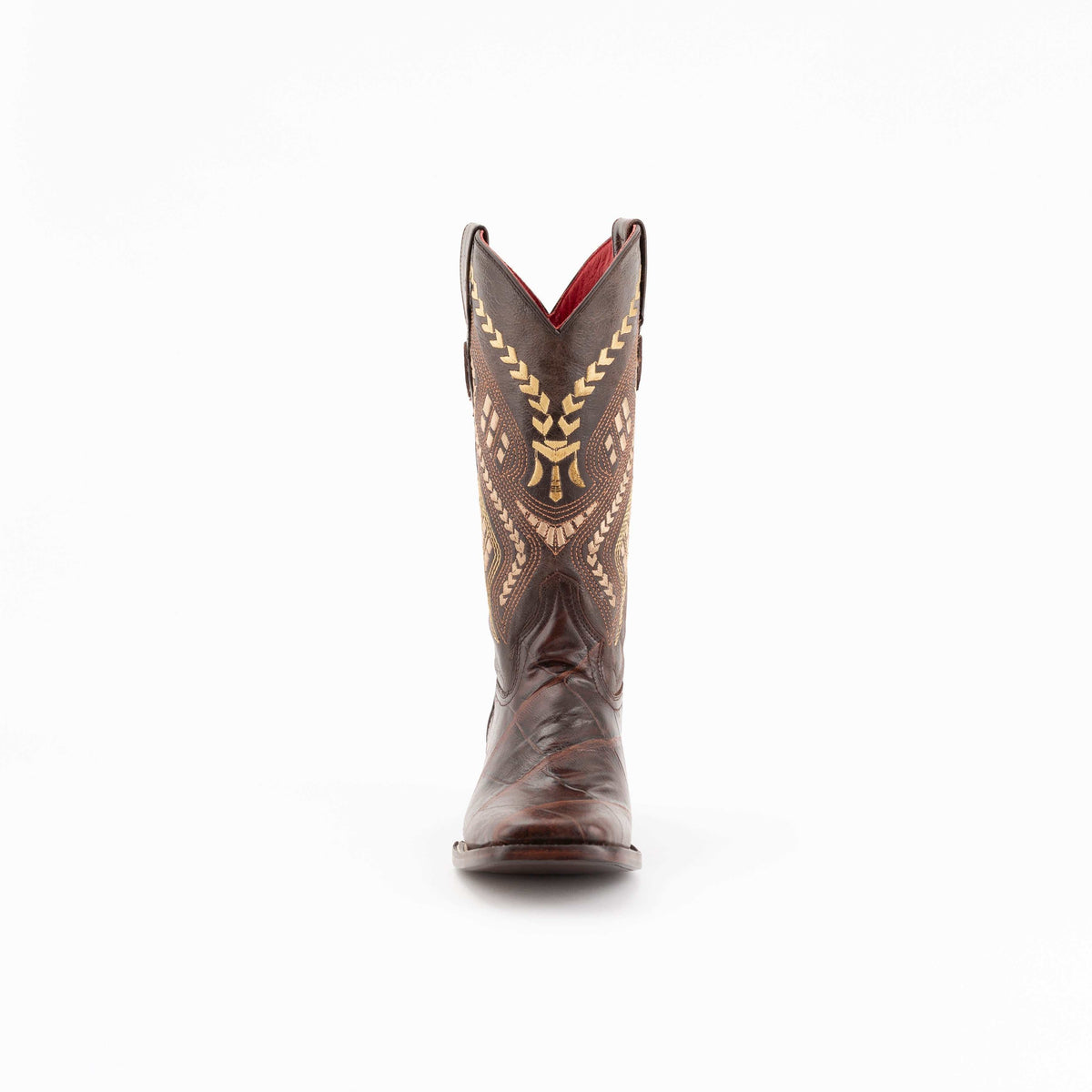 Women's Ferrini Jesse cowboy boot in chocolate brown leather with an alligator-print vamp and decorative tan stitching