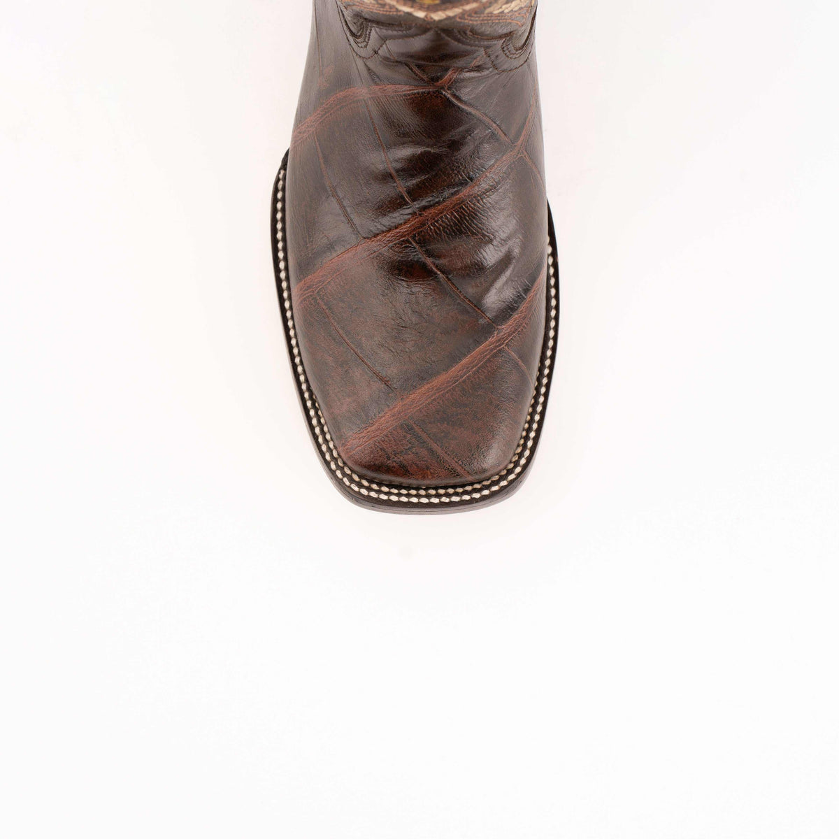 Women's Ferrini Jesse boot in chocolate brown leather with an embossed alligator-print vamp and square toe