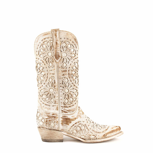 Women's Ferrini Mandala Leather Boots in distressed cream and tan leather, with intricate openwork mandala floral patterns and a cowboy heel.
