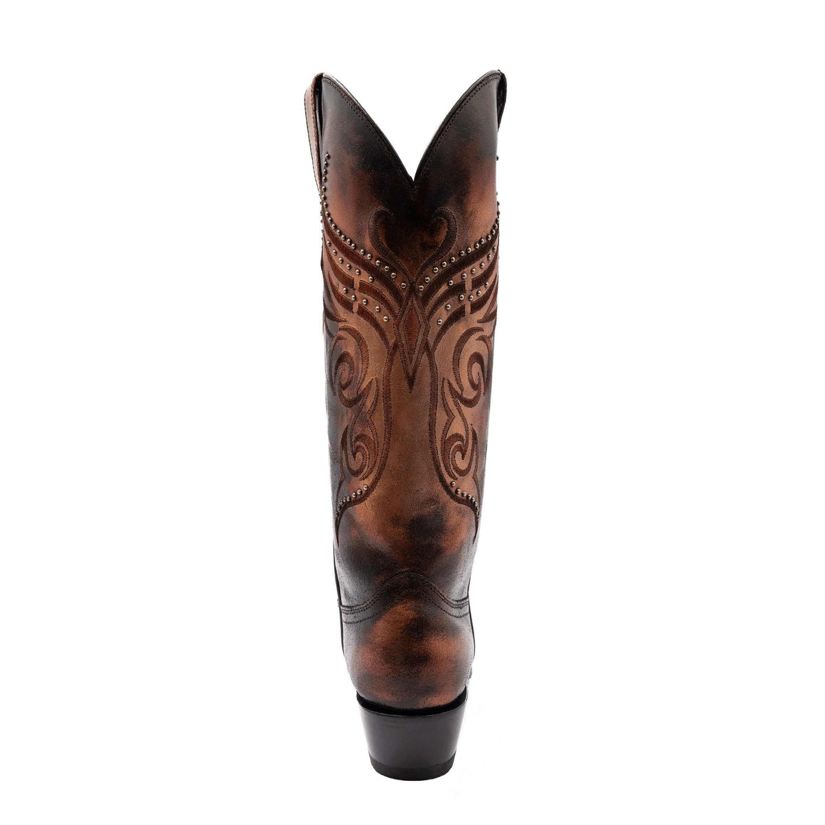 Women's Ferrini Masquerade Leather Boots in distressed copper-brown leather, with ornate stitched scrollwork and pointed snip toe