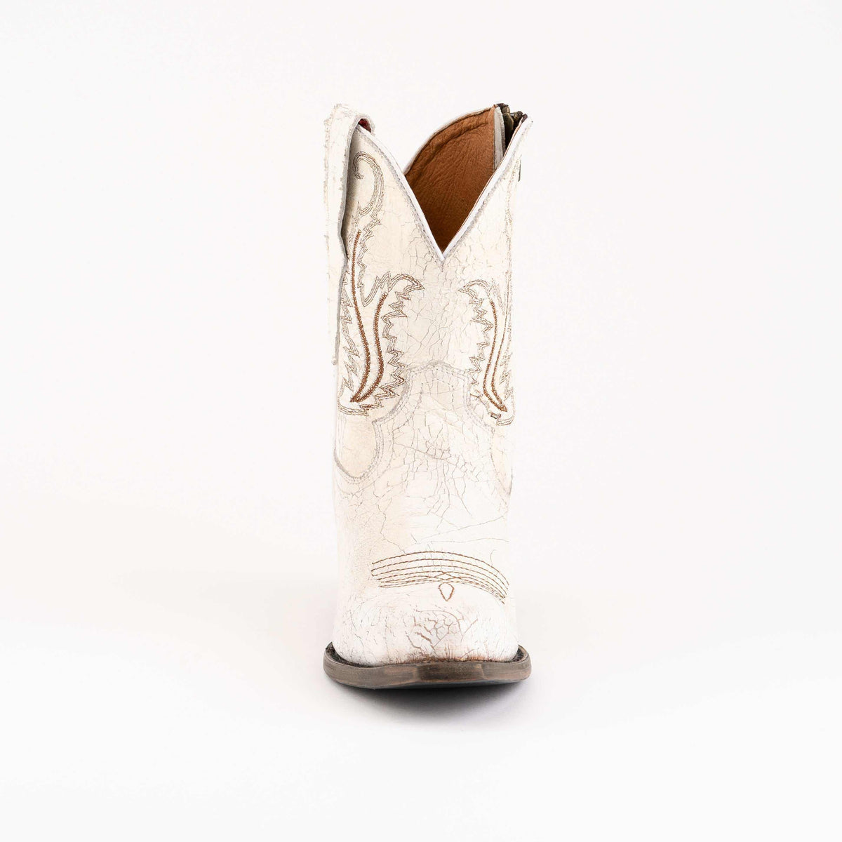 Women's Ferrini Molly Leather Booties in white leather with tan stitched Western embroidery, pointed scalloped shaft and brown sole