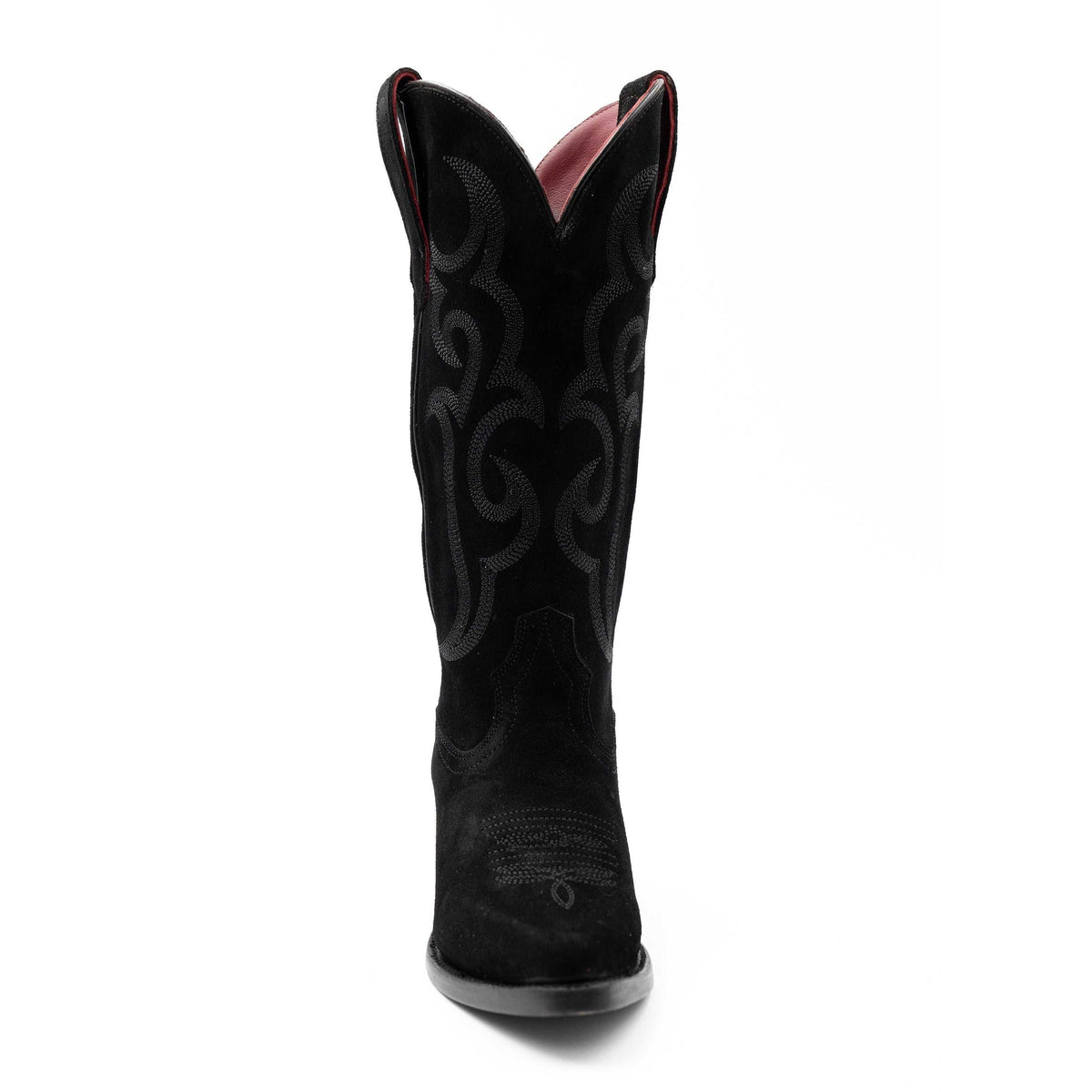 Women's Ferrini Quinn Leather Boots in black suede with tonal scrolling embroidery, red trim and a snip toe