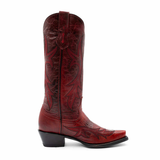 Women's Ferrini Scarlett Leather Boots in red leather with dark stitched floral patterns and a snip toe
