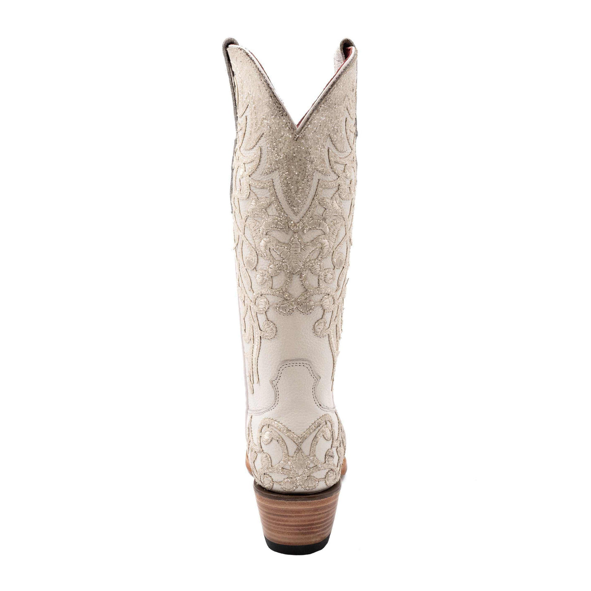 Women's Ferrini Starlight Leather Boots in ivory leather with ornate tonal embroidery and a stacked brown heel