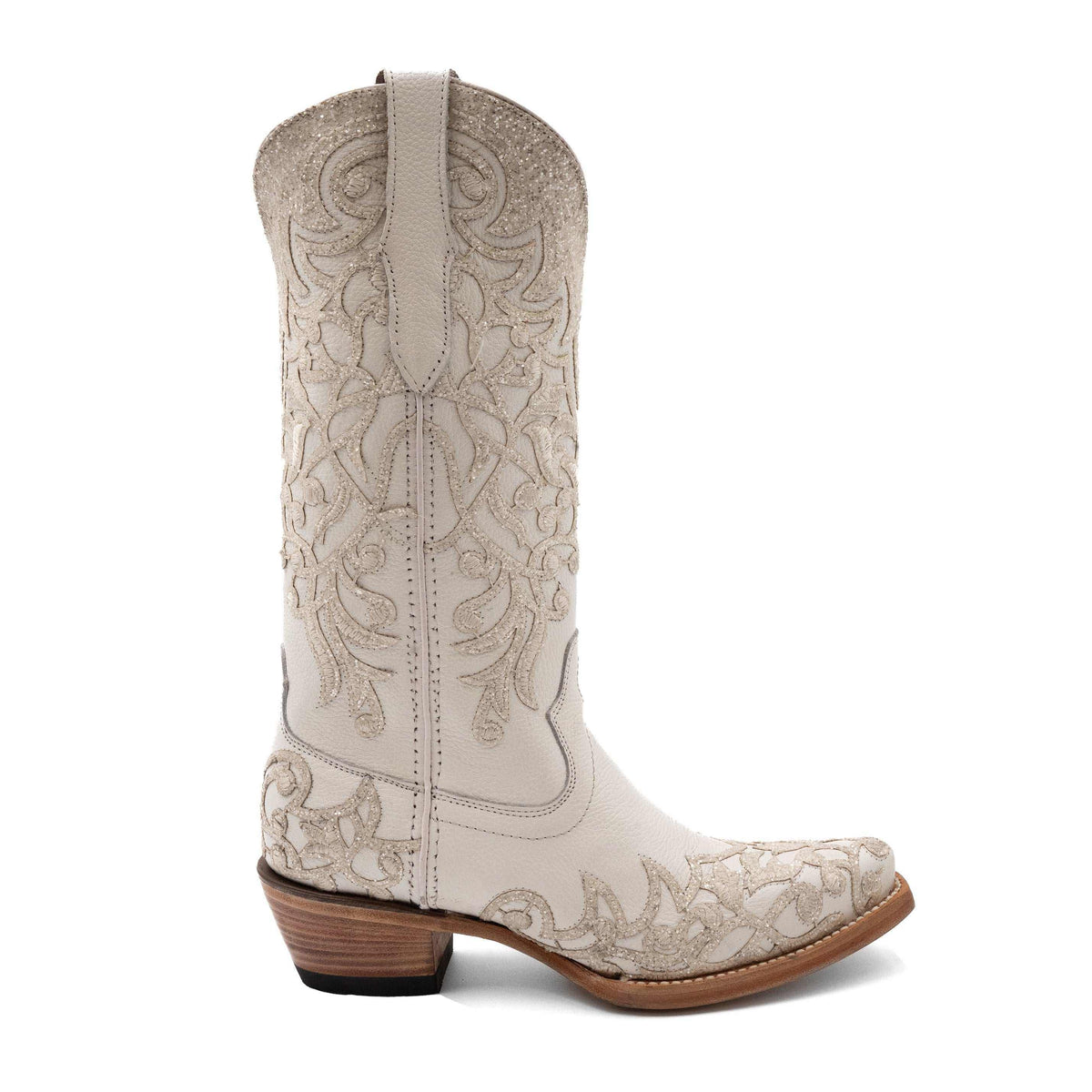 Women's Ferrini Starlight Leather Boots in ivory leather with ornate tonal stitching, snip toe, and stacked heel