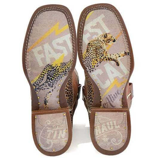 Women's Tin Haul Boots with brown leather soles, cheetah graphics, and bold Fast Cat Alive lettering