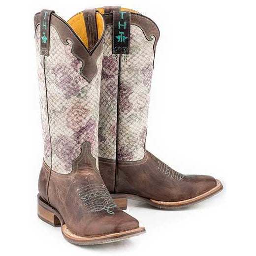 Women's Tin Haul Boots in brown leather with pale printed snake-pattern shafts, turquoise accents, and square toes