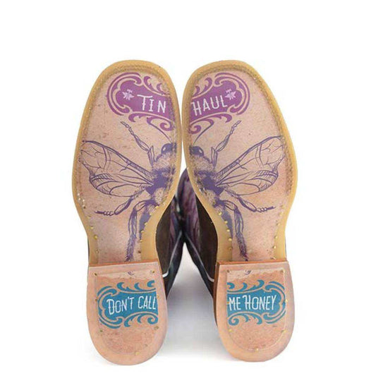 Women's Tin Haul Honeylicious boots with tan leather soles, purple bee illustrations and turquoise heel lettering