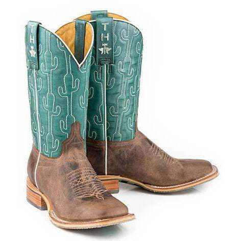 Women's Tin Haul Puff Cactus Boots in brown leather with turquoise cactus-stitched shafts, square toes and stacked heels