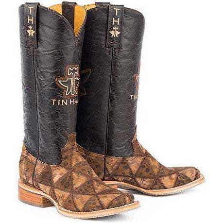 Women's Tin Haul Wild Thing Boots in dark brown leather with geometric tan-and-brown shafts, embroidered logos and square toes