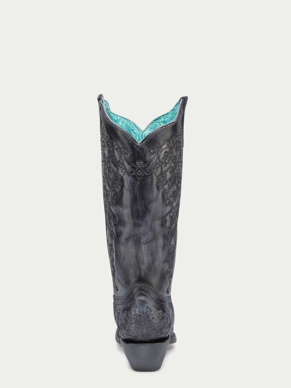 Women's Corral Black Genuine Leather Boots with Bone Floral Embroidery, tall black leather boot with ornate floral detailing