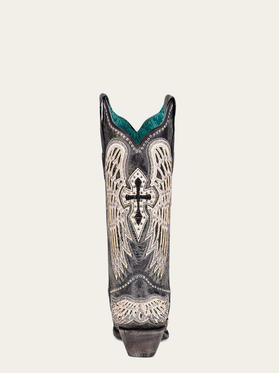 Women's Corral Black Genuine Leather Boots with Cross & Wings Overlay & Studs, black leather western boot with ivory wing embroidery, studs, and turquoise lining