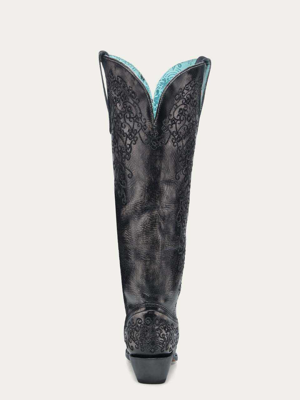 Women's Corral Black Genuine Leather Boots with black floral tooling and turquoise-lined tall shafts, shown from the back