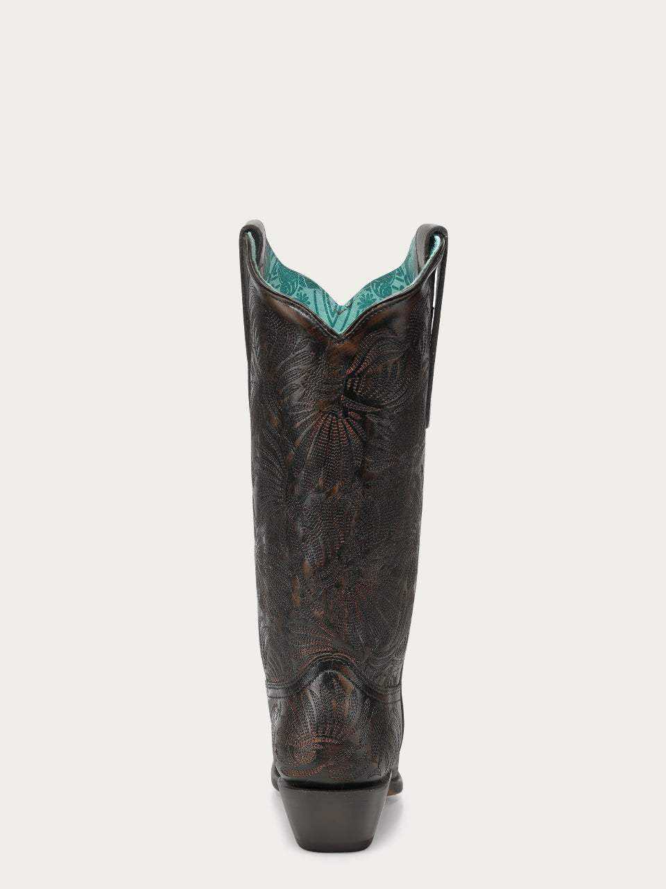 Women's Corral Black Genuine Leather Boots with Honey Floral Petal, tall black leather boot with subtle floral embroidery