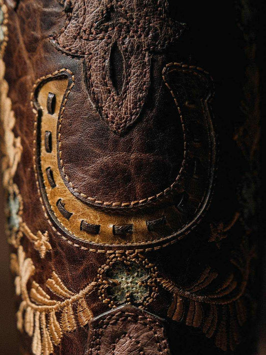 Women's Corral Brown Genuine Full Quill Ostrich Boots with Horseshoe, brown ostrich leather with horseshoe overlay and floral embroidery