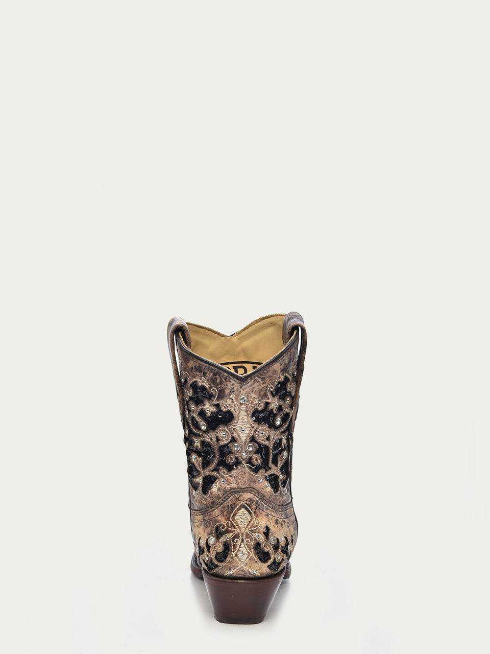 Women's Corral Brown Genuine Leather Boots with Inlay featuring ornate black floral embroidery, studs, crystals, and a brown stacked heel